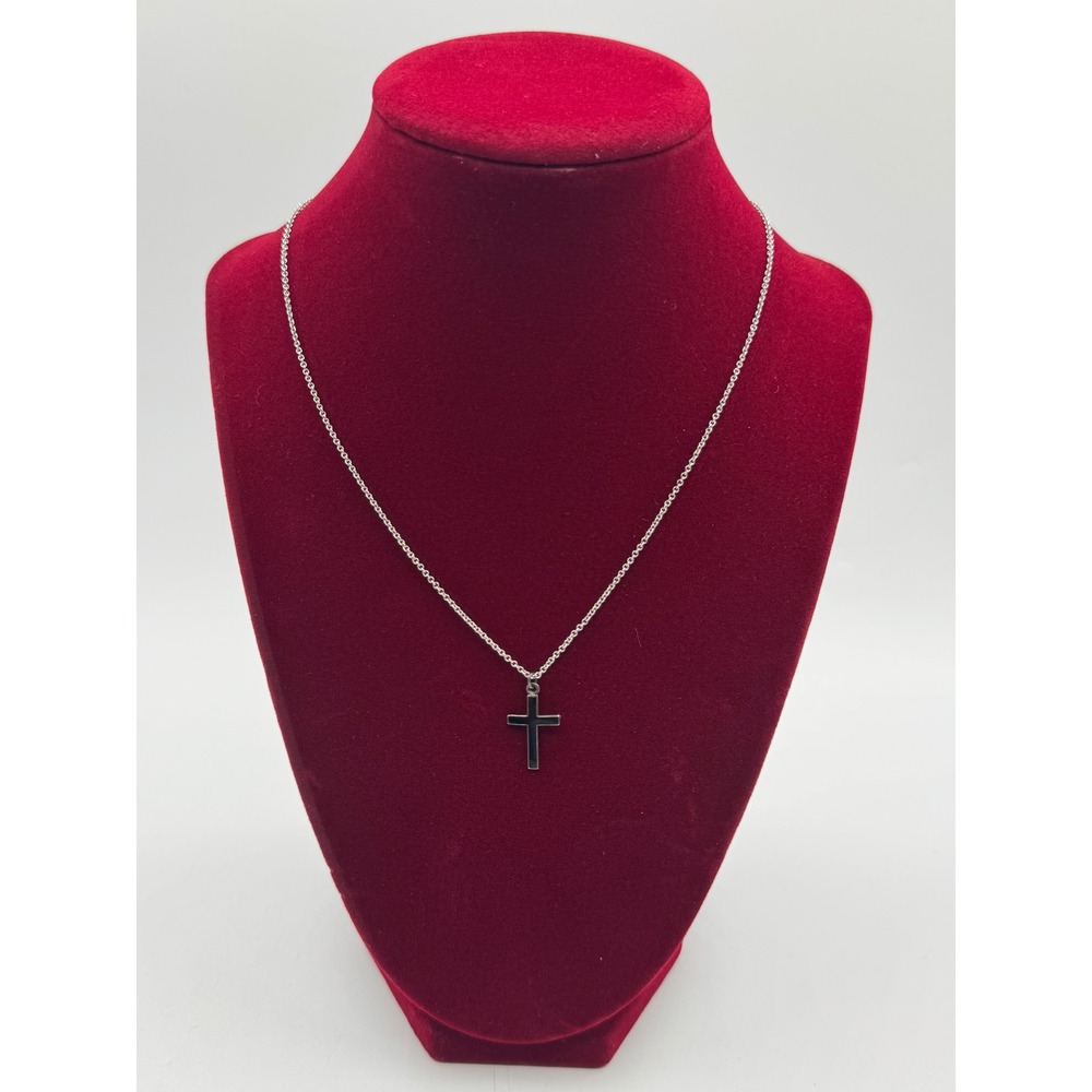 Vintage Sterling Silver Black Enamel Cross Pendant Necklace 18 Inch Chain